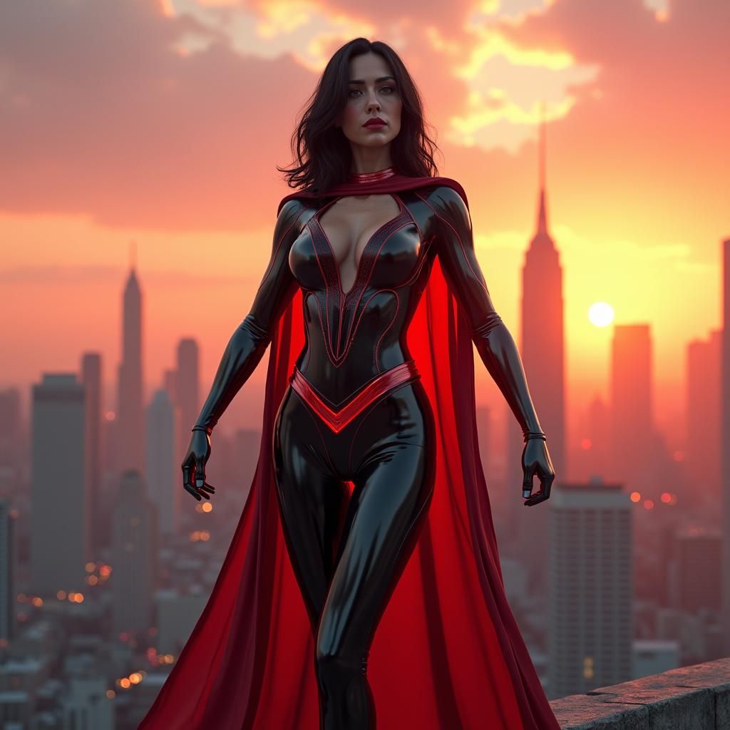 Sleek Superheroine Posing Against City Skyline at Sunset