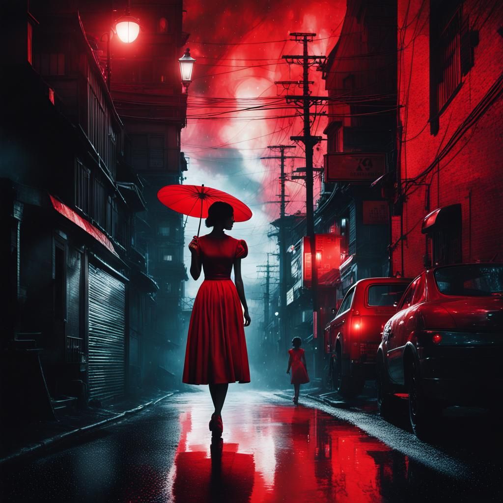 Film Noir Lady in Red with Japanese Aesthetic