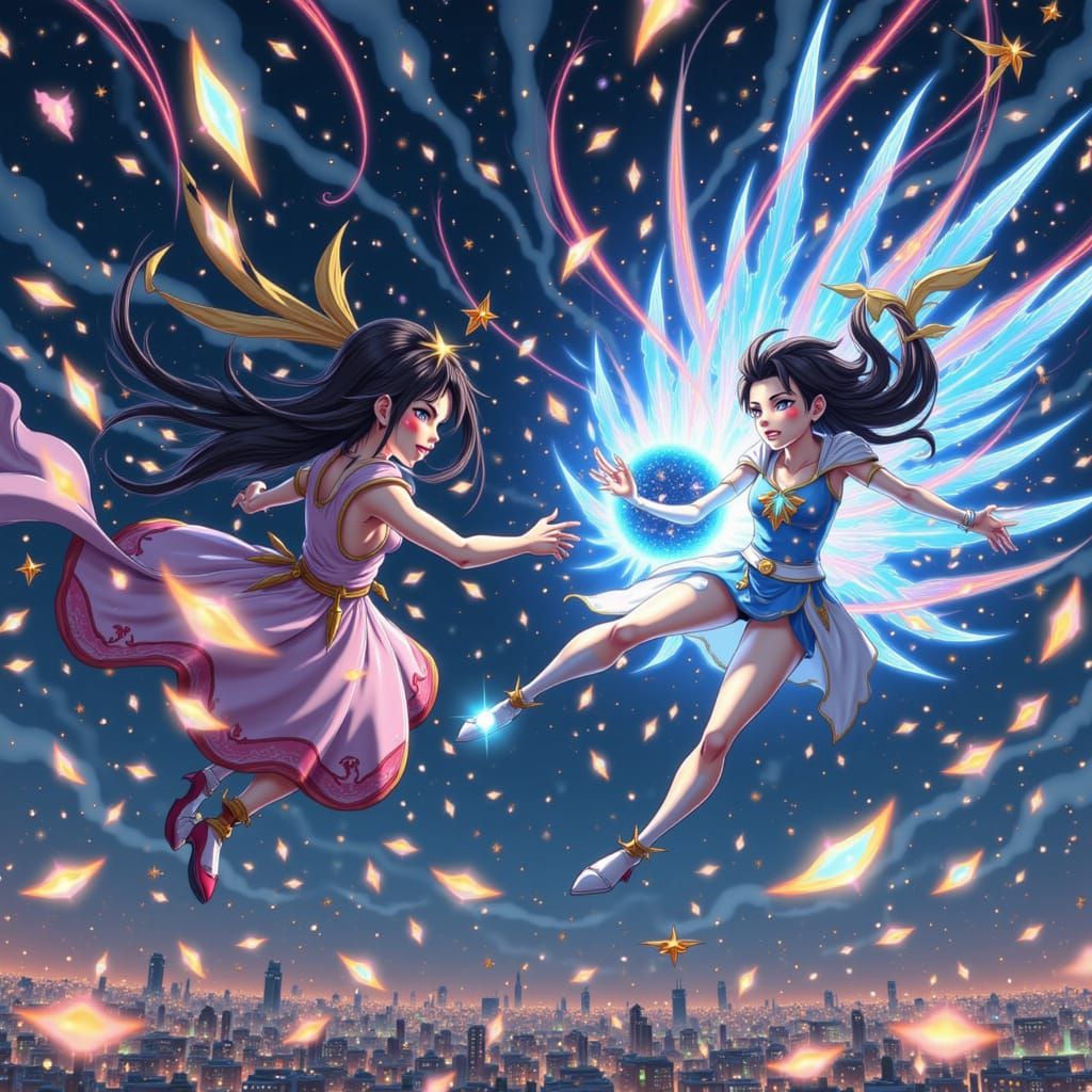 Magical Girls Duel in Starry Anime Battle Above City