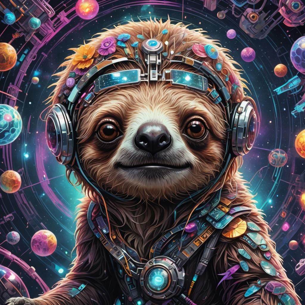 Cute Fuzzy Sloth Cyborg in Mixed Media Style