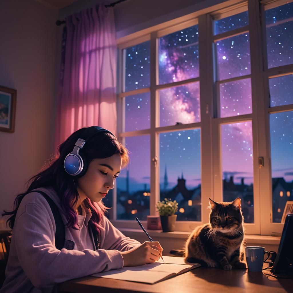 Lofi Girl Studying at Night Under Comet Sky