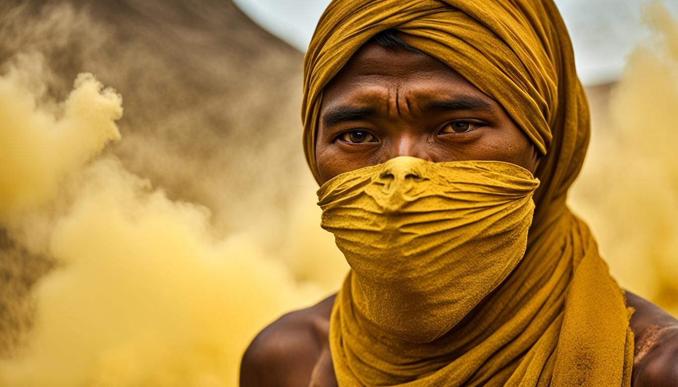 Javan sulfur toiler inside the fuming crater of a vulcano.