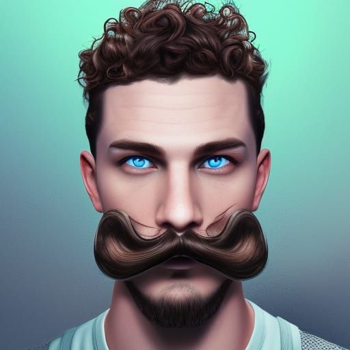Curly guy with mustache and blue eyes