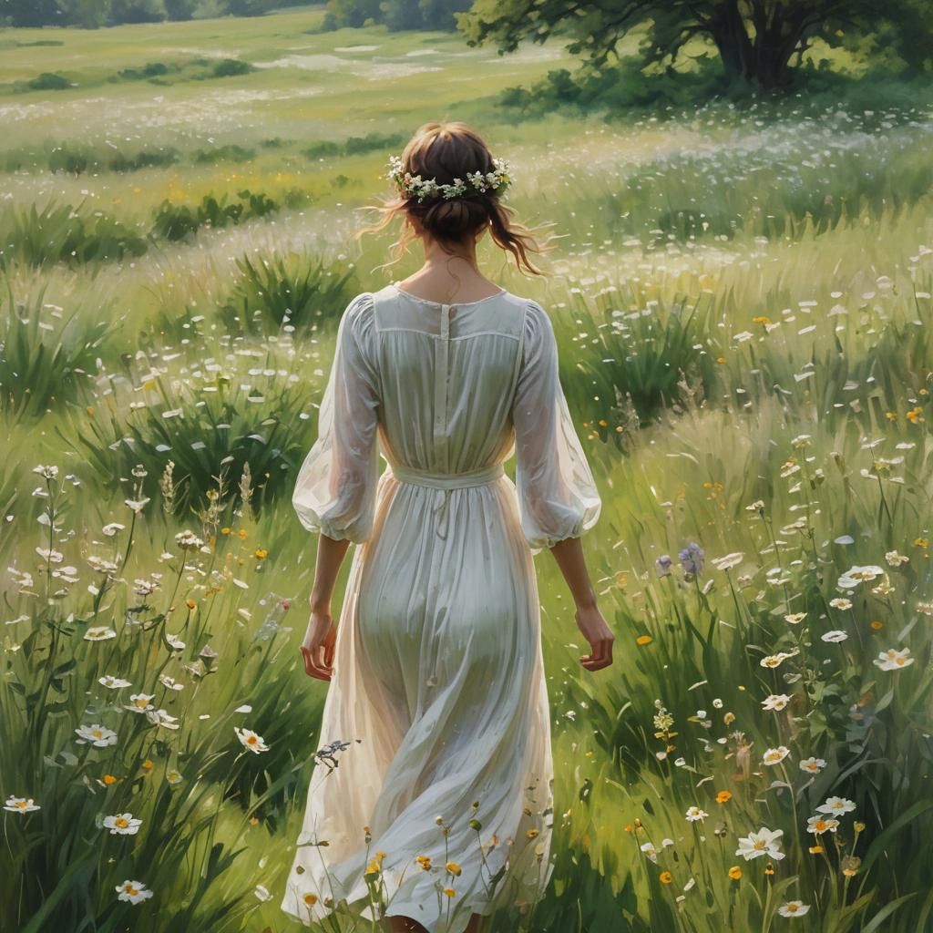 Impressionist Woman in Meadow with Wildflowers