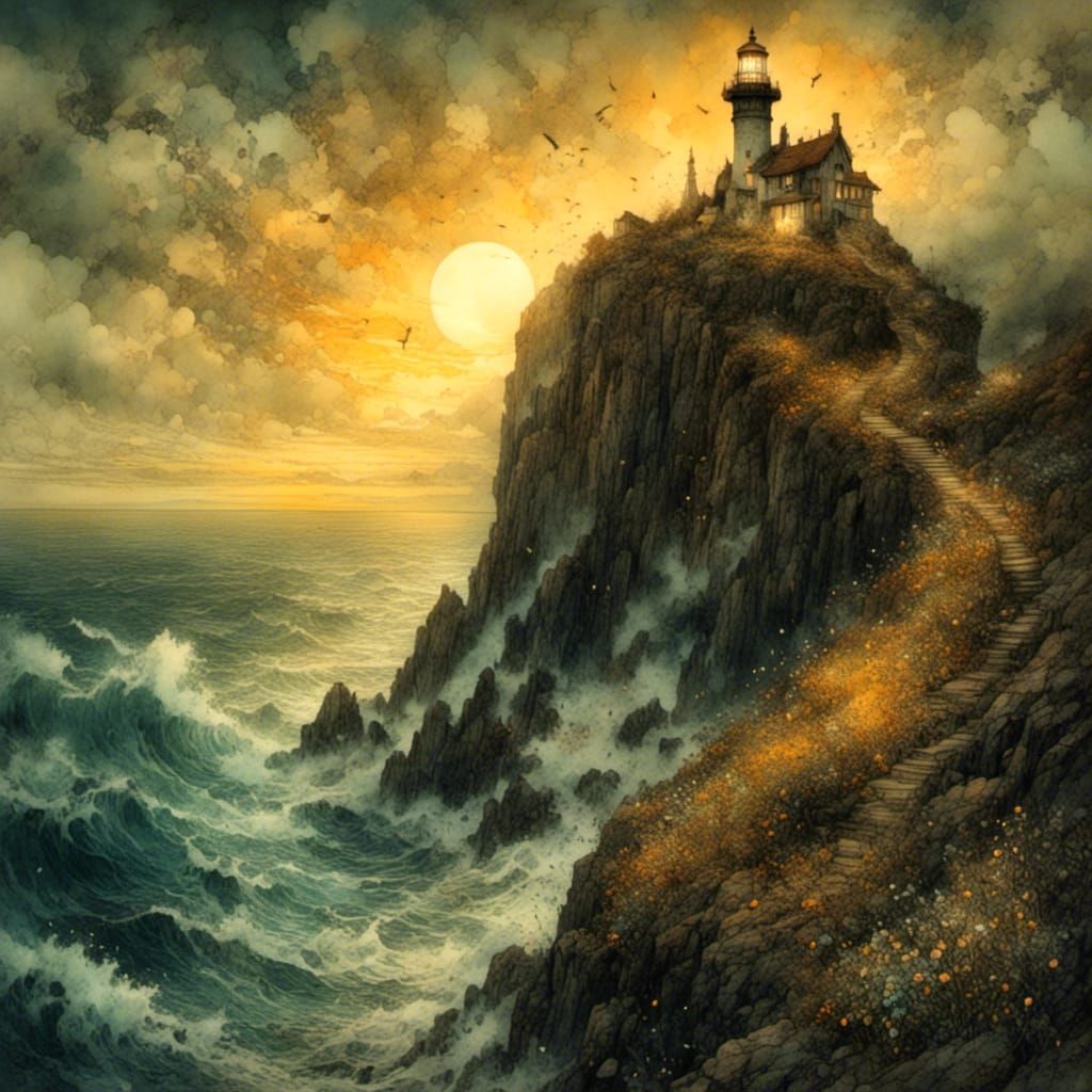 Lighthouse on Flowering Cliff in Art Nouveau Style