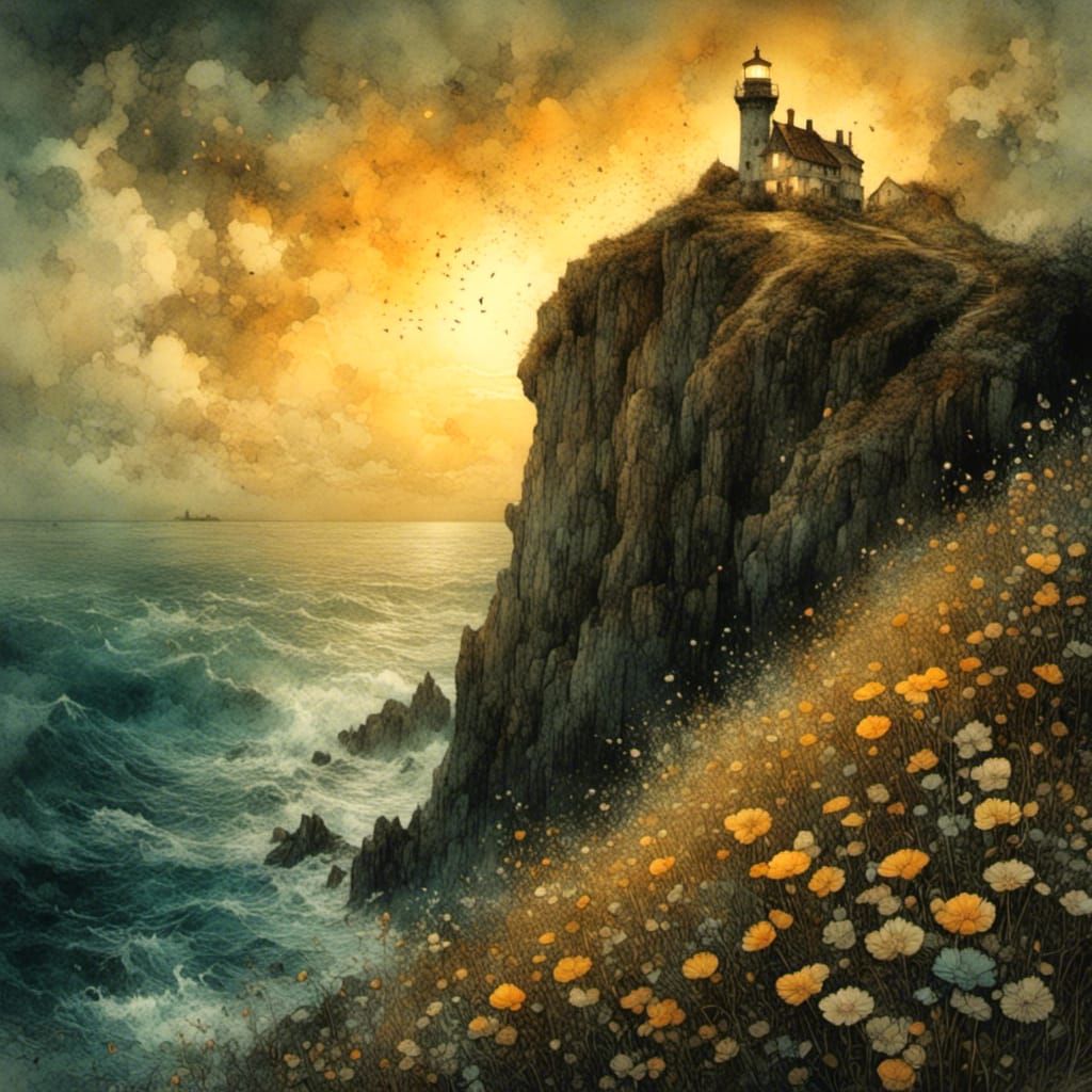 Lighthouse on Flowering Cliff at Sunset
