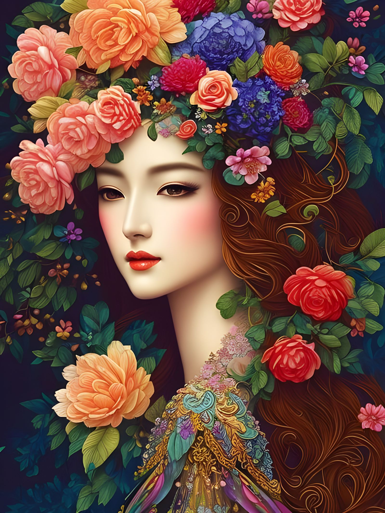 Woman in Flowers, Mythical Fairy-tale Illustration