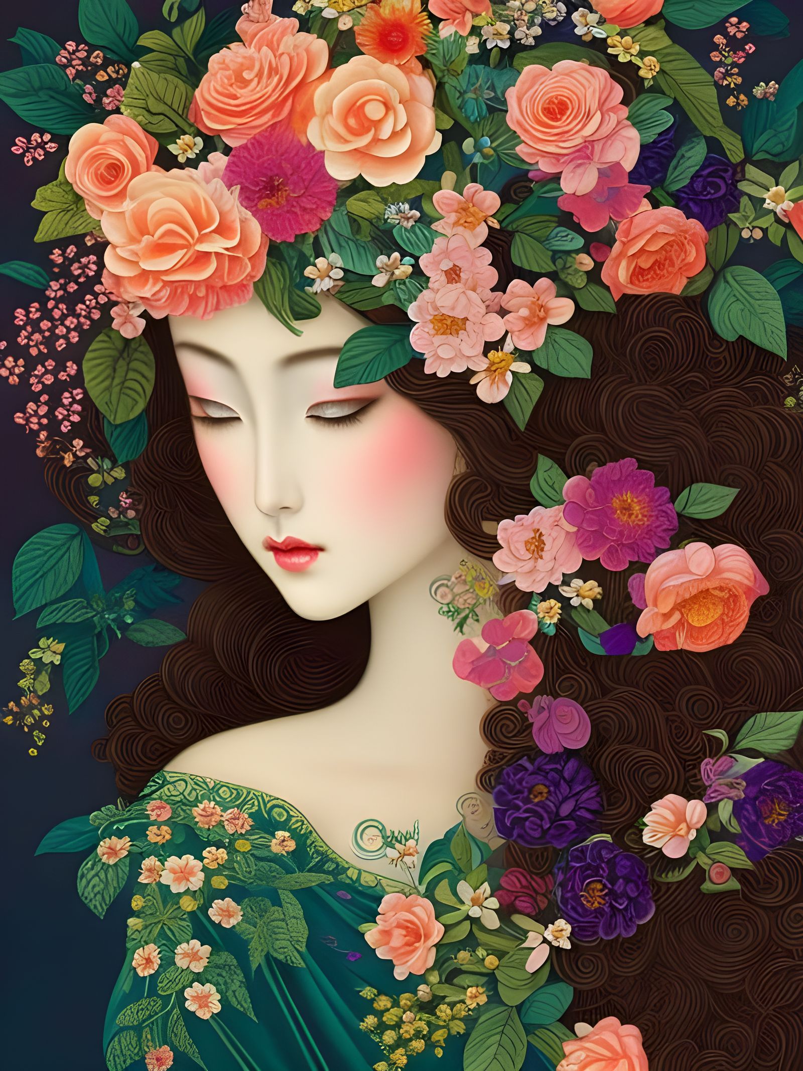 Beautiful Woman in Flowers: Fairy Tale Illustration
