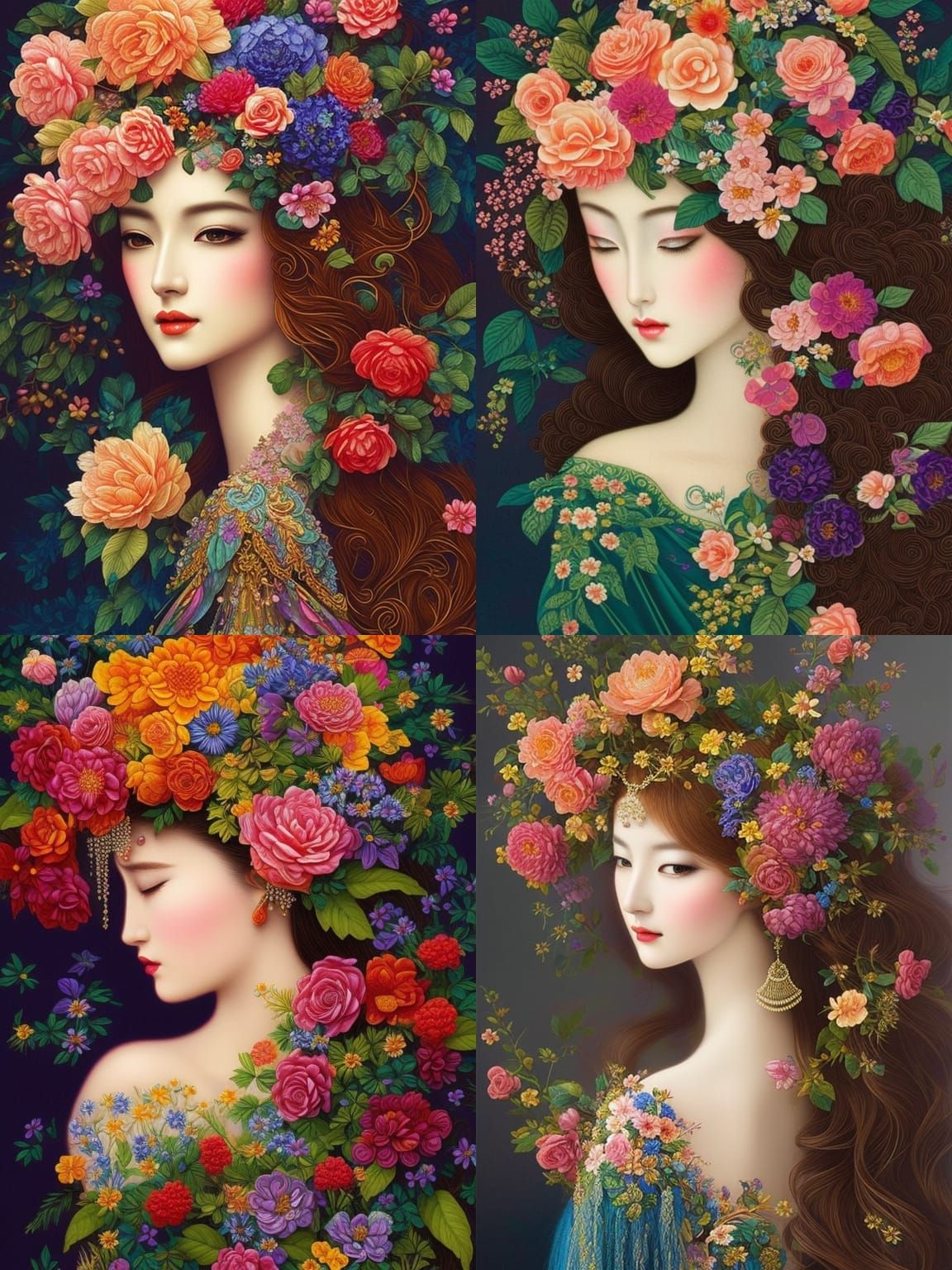 Woman in Flowers Illustration with Mythical Elements