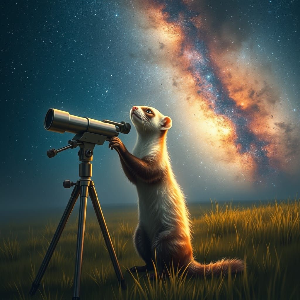 An adorable ferret peers curiously through a telescope point...