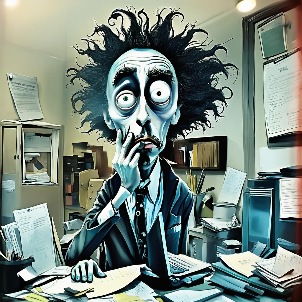 Frenzied Office Worker in Tim Burton Style