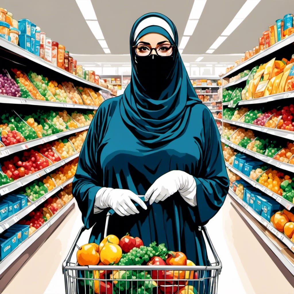 Pop Art Portrait: Niqabi Woman Shopping in Supermarket