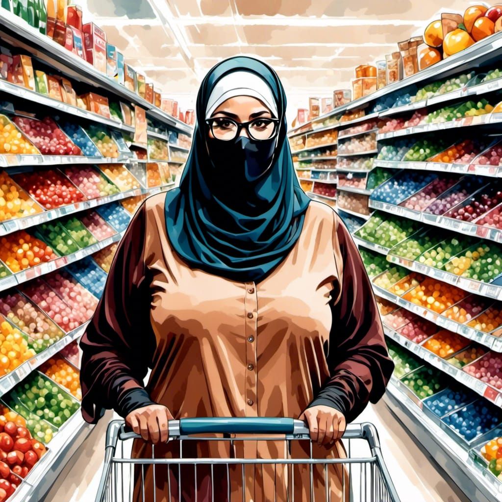 Woman in Niqab Shopping in Supermarket, Pop Art Style