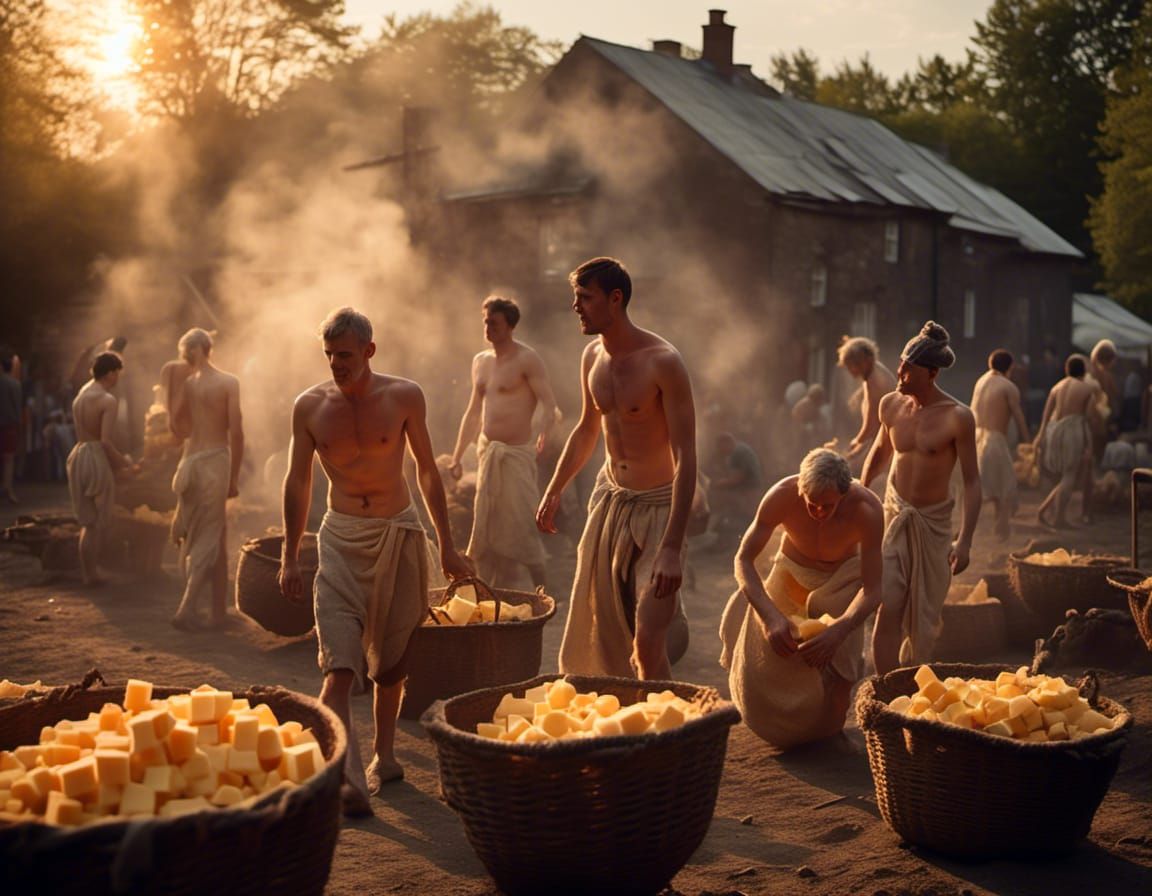 Shirtless Men Moving Cheese Baskets at Golden Hour