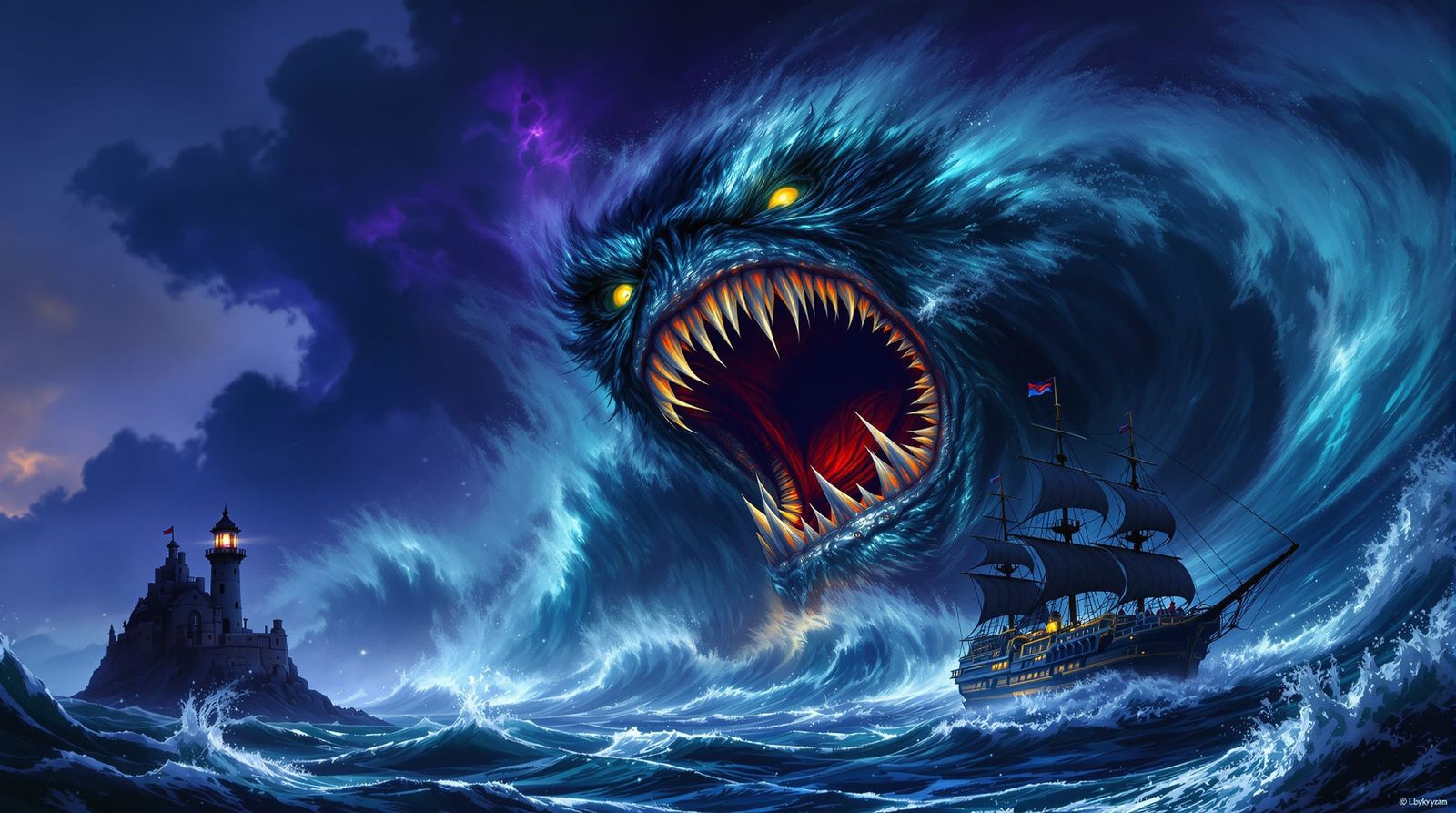 Colossal Demon Wave Attacks Steampunk Ship in Dark Fantasy A...