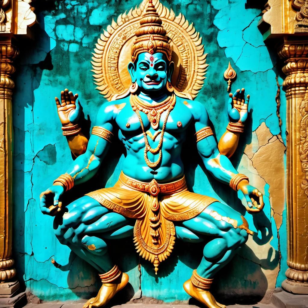 Golden Hanuman Statue in Ancient Psychedelic Art Style