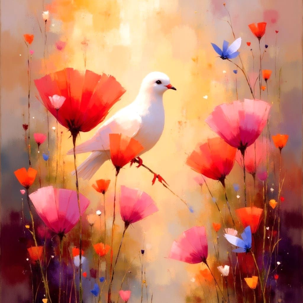 Peaceful Light-Filled Scene with Hearts and Doves