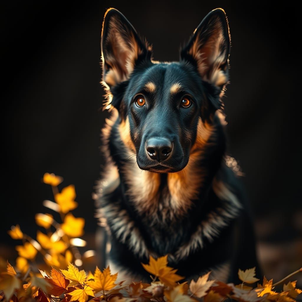 German Shepherd Portrait with Autumn Leaves in Soft Focus
