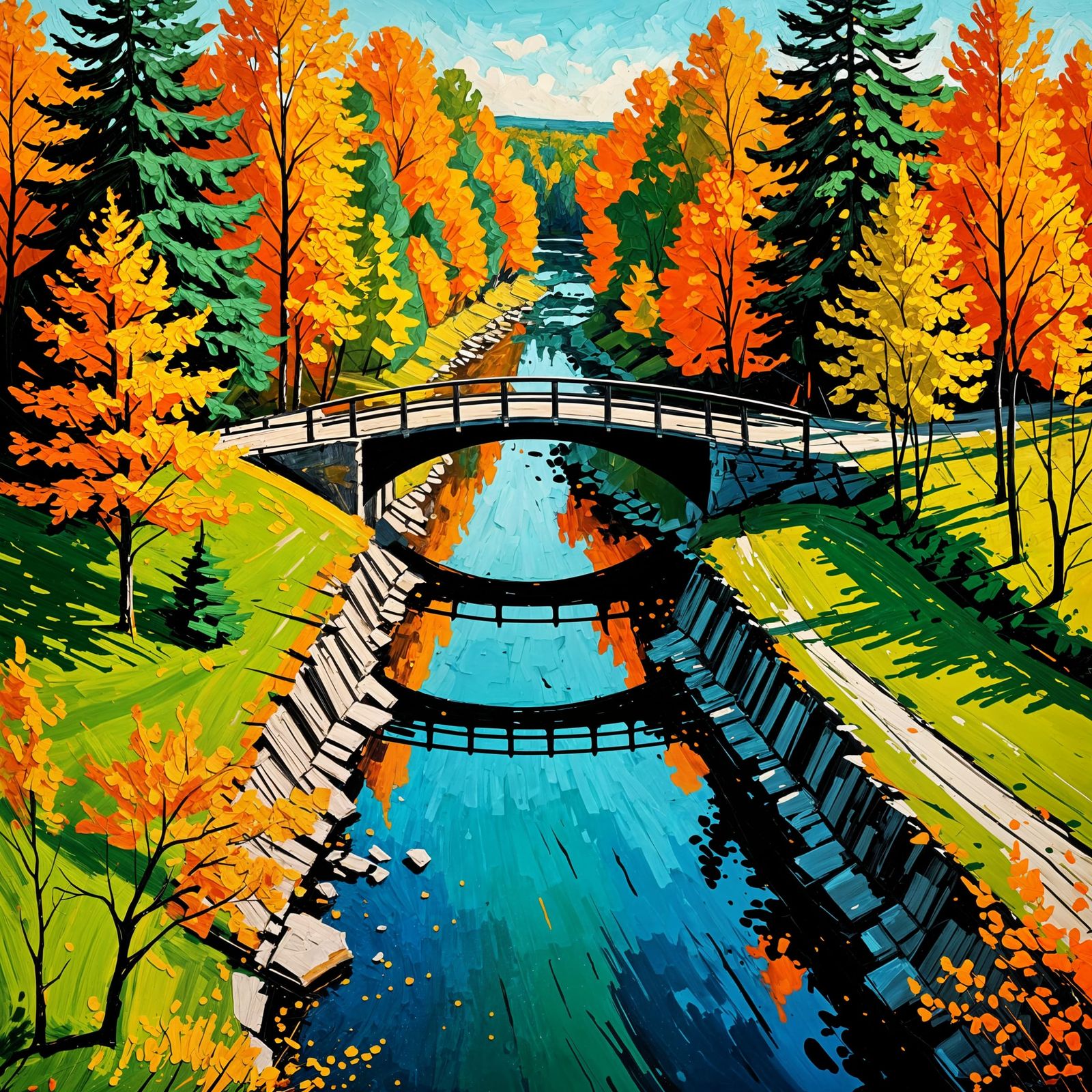 Impasto Bridge Over River in Bold Fall Colors