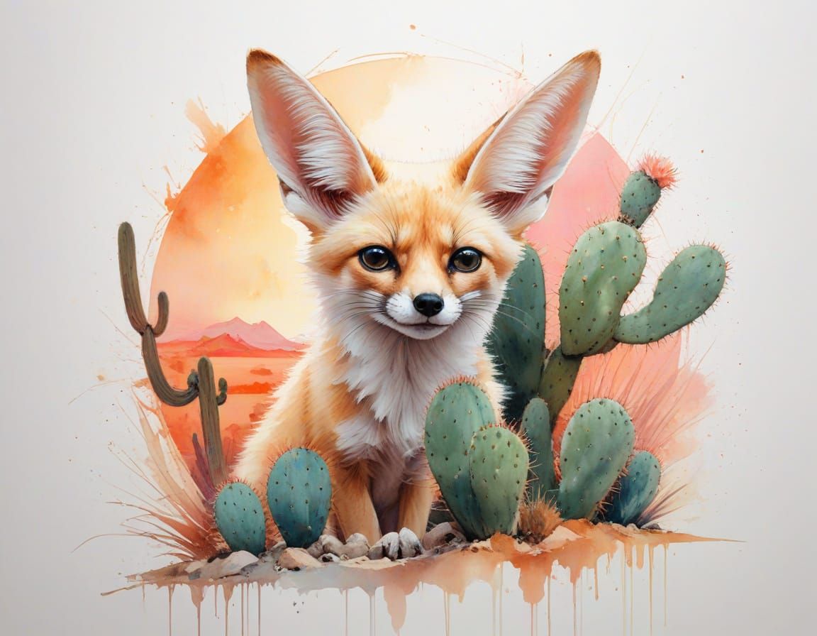 Fennec Fox in Desert Sunset Watercolor
