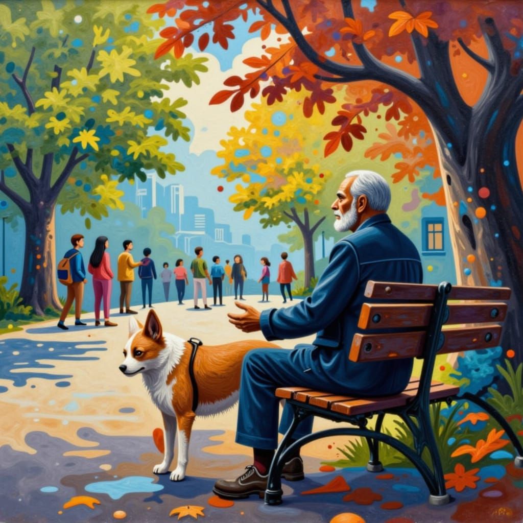 Elderly Man and Dog on Park Bench in Autumn Light
