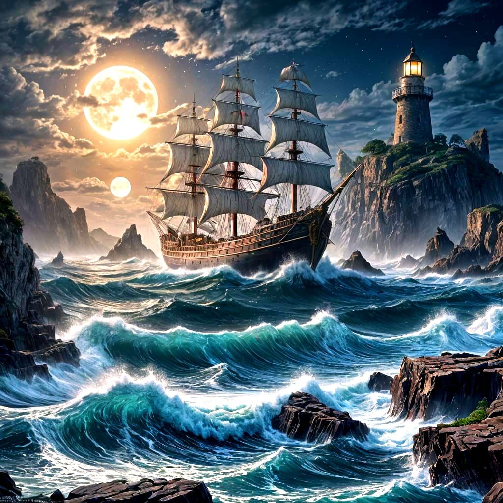 Fantasy Sailing Ship on Stormy Seas in Anime Style