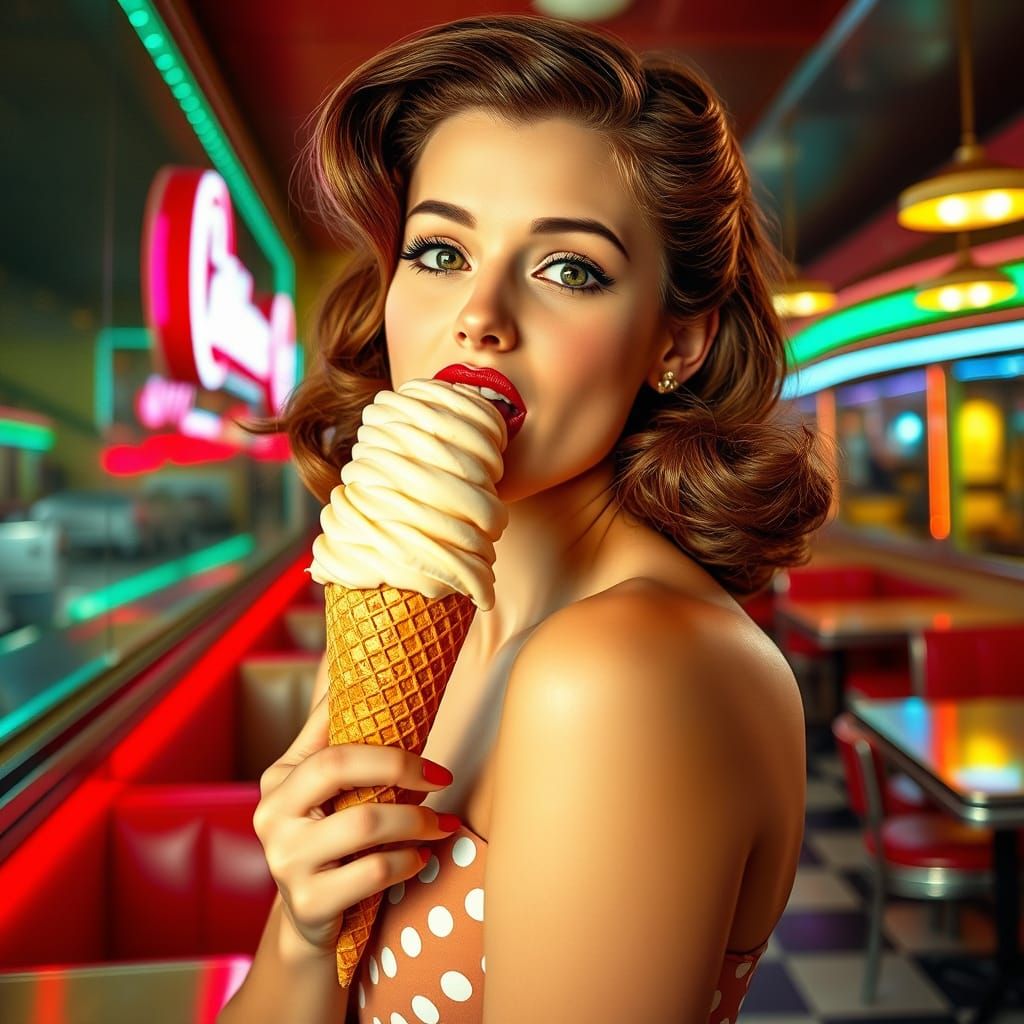 1950s Pin-Up Girl in Glitch Art Diner