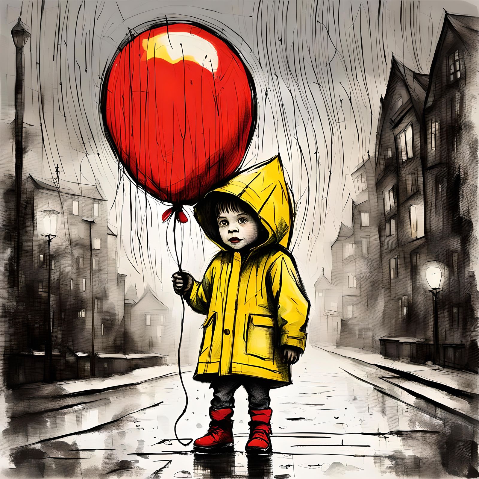 A cheerful child in a bright yellow raincoat, holding a red ...