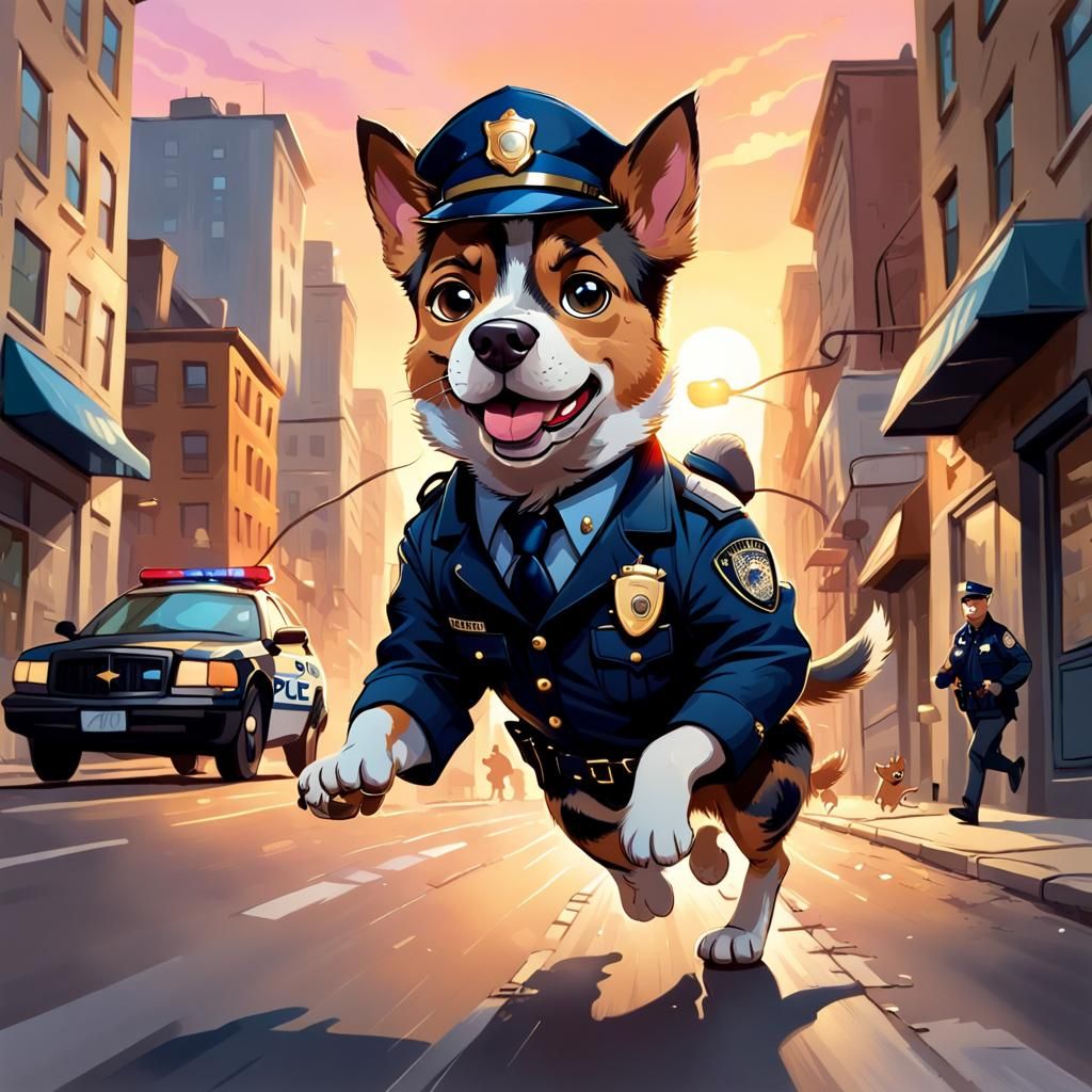 Dog Detective Chasing Cat, Cartoon Style