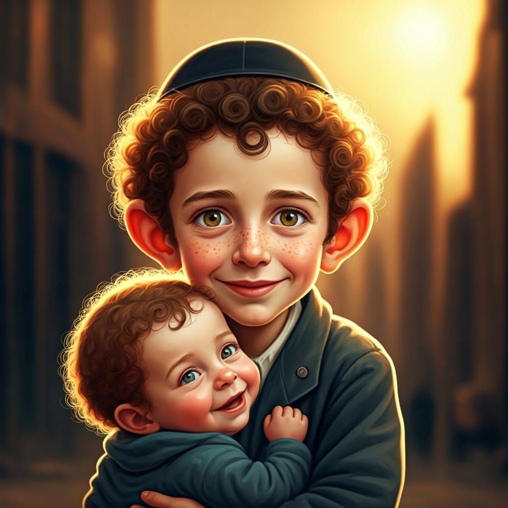 Joyful Haredi Hasidic Boy Hugs Brother in Gritty Urban Lands...