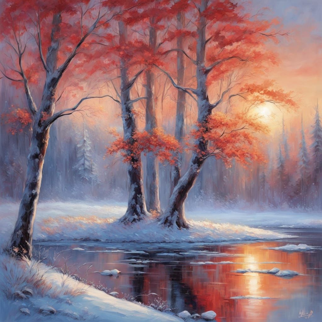 Vivid Oil Painting of a Frozen Lake Under a Coral Sky