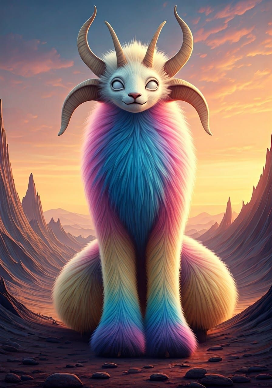 Regal Furry Alien with Benevolent Gaze in Vibrant Landscape