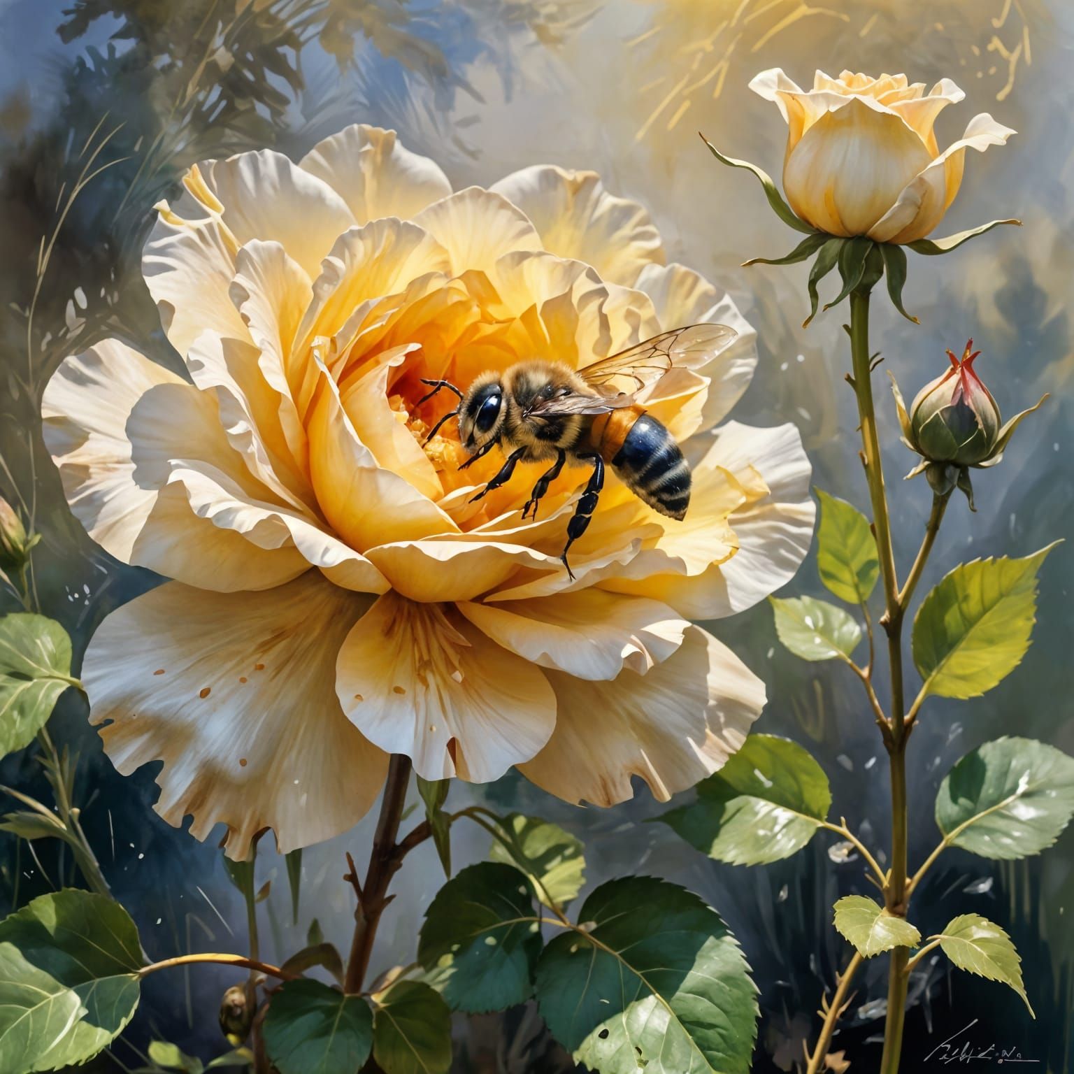 A Gouache Masterpiece of a Leaf Cutter Bee in a Rose Petal