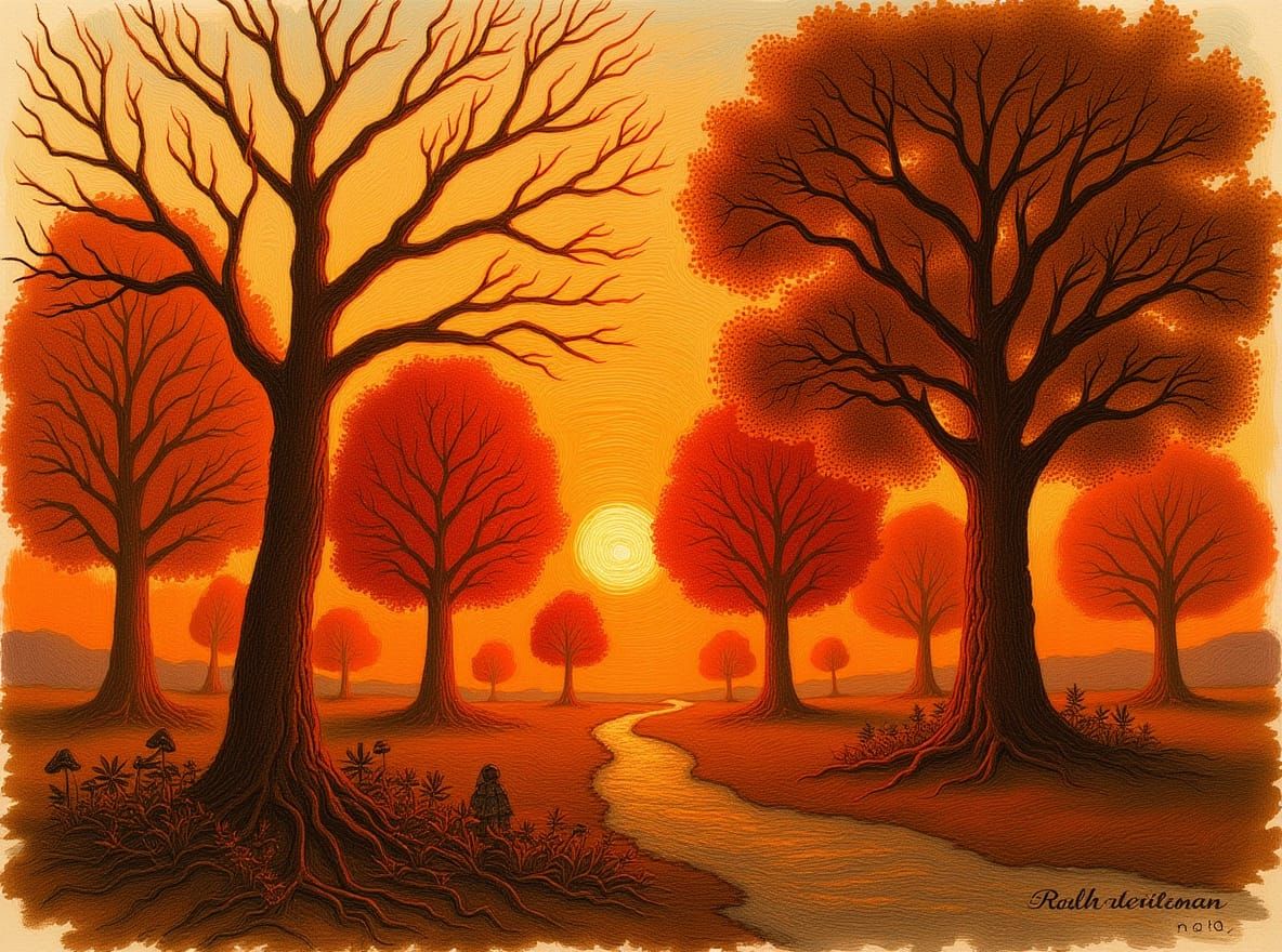 Kafkaesque Autumn Sunset With Heavy Paint Splatters