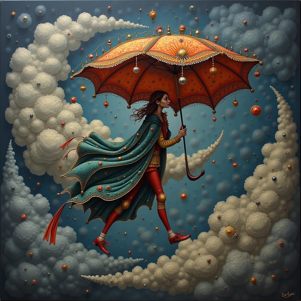 Whimsical Flying Umbrella Soars through Stormy Gothic Sky in...