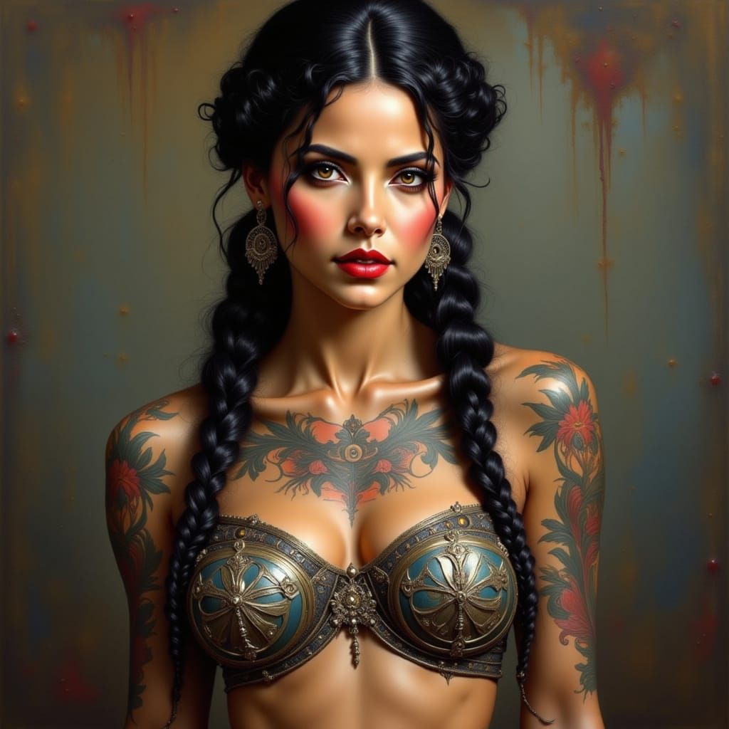 Portrait of Beautiful Tattooed Woman with Braids