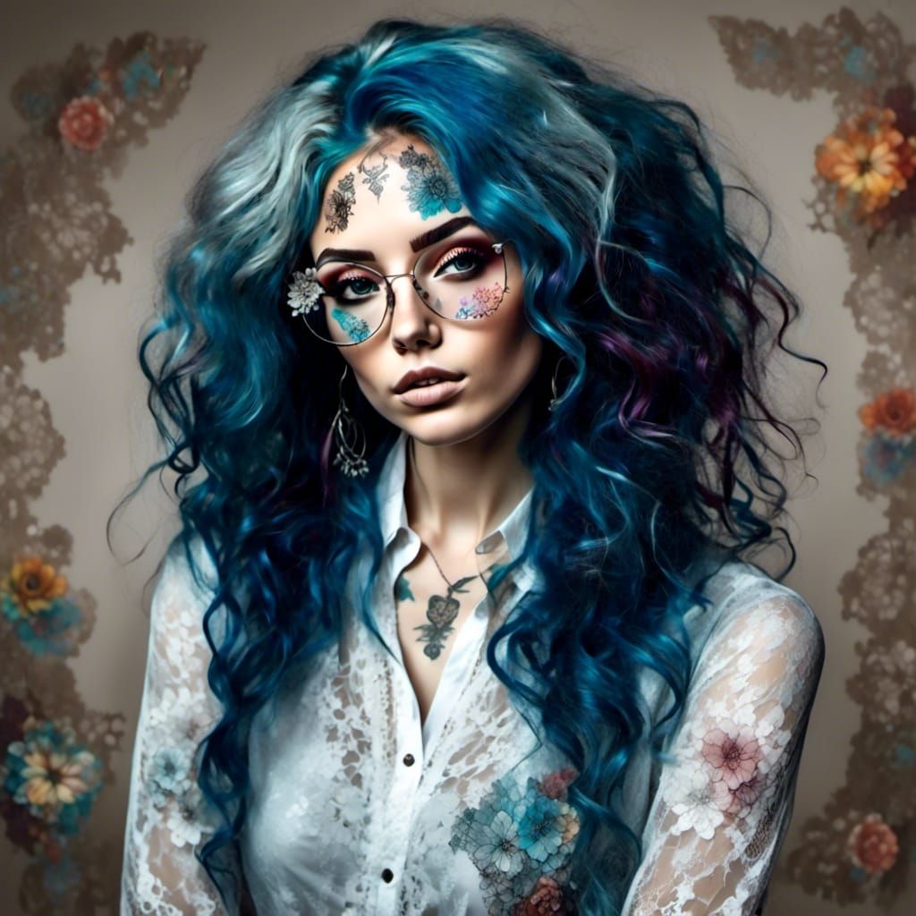 Young Woman with Blue Hair and Rainbow Lace Flowers