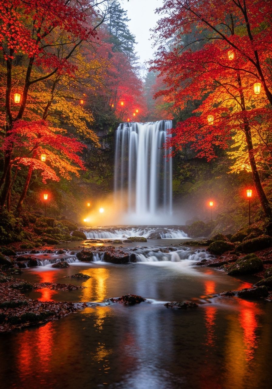 Majestic Autumn Waterfall Aglow with Warm Golden Light