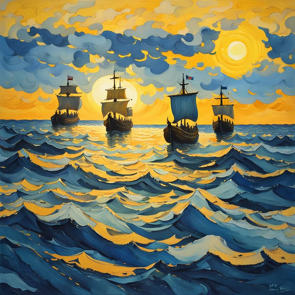 Abstract Seascape with Viking Ships in Expressionist Style