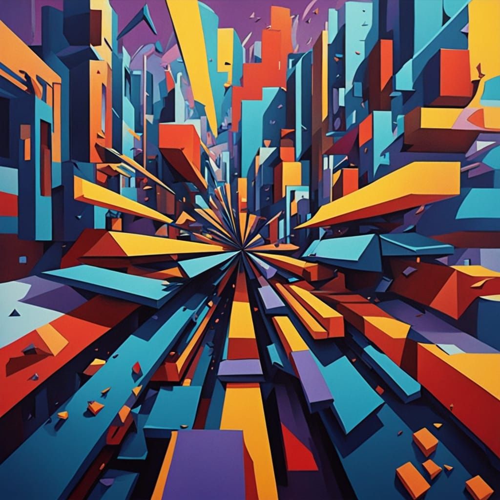 Geometric Cityscape in Vibrant, Clashing Colors