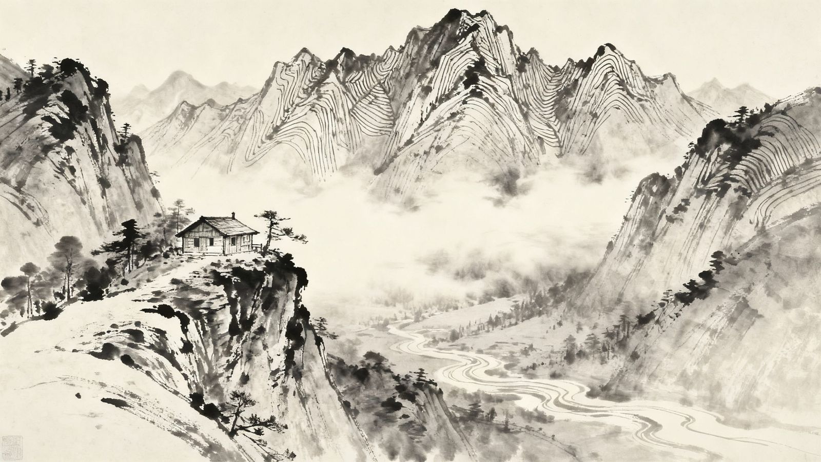 Japanese Ink Wash Painting of Mountain Chalet