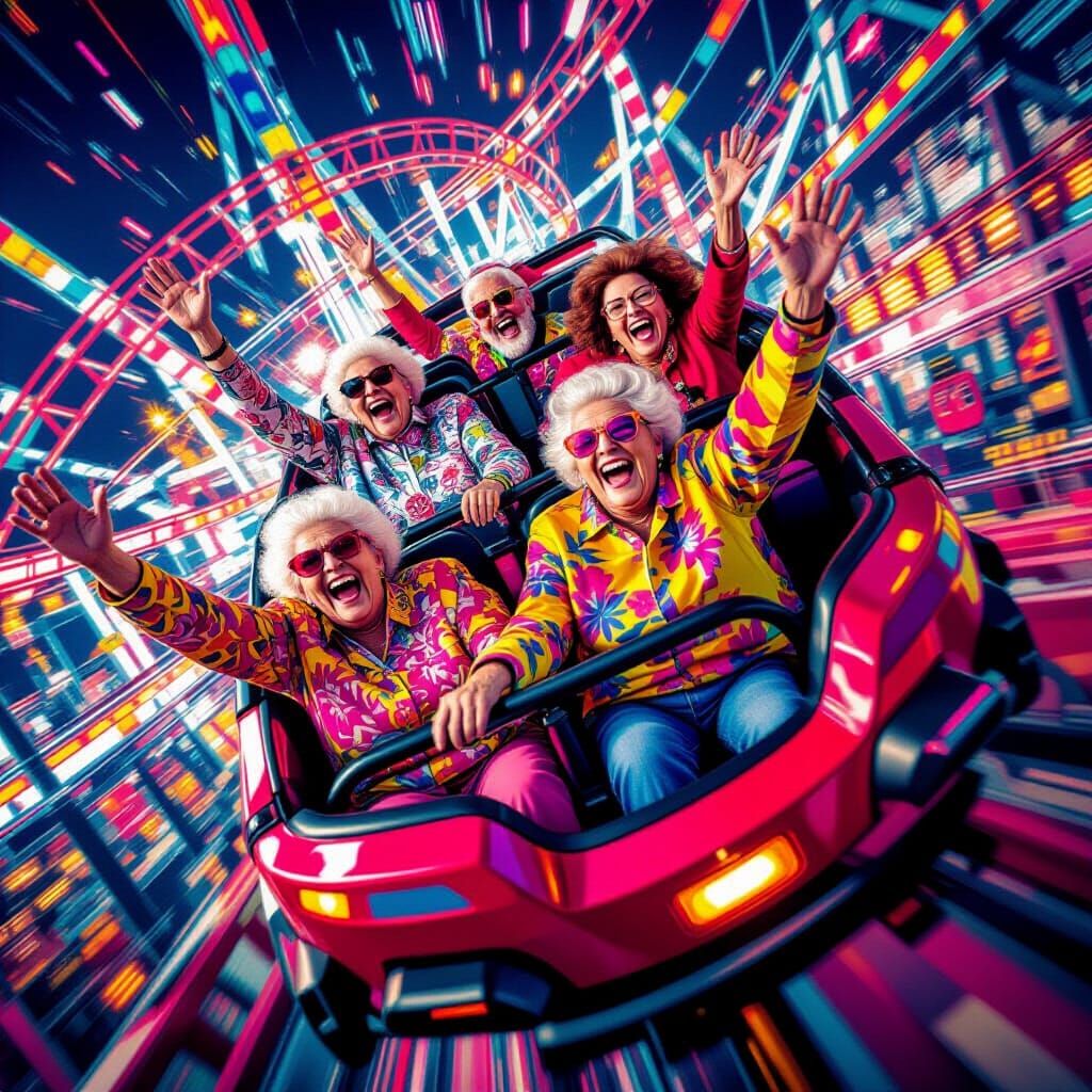 Excited Elders on Rollercoaster Ride in Vibrant Theme Park