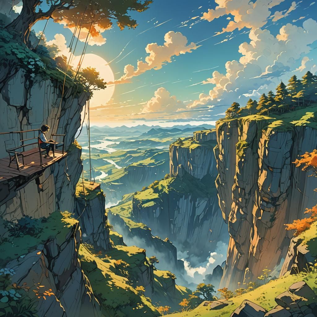 Vibrant Anime Swing on Soaring Cliff