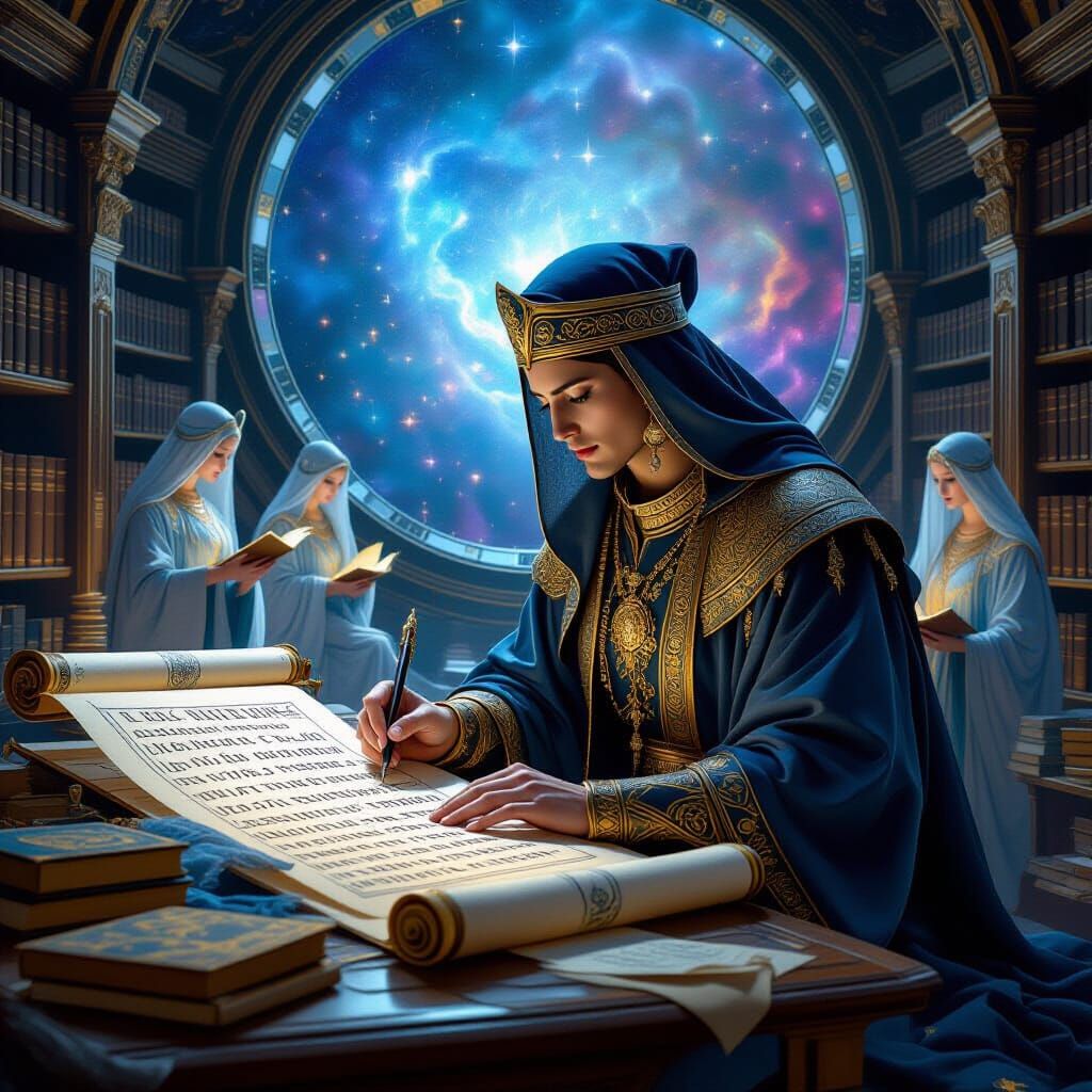 Celestial Scribe Inscribing Glyphs in Cosmic Library