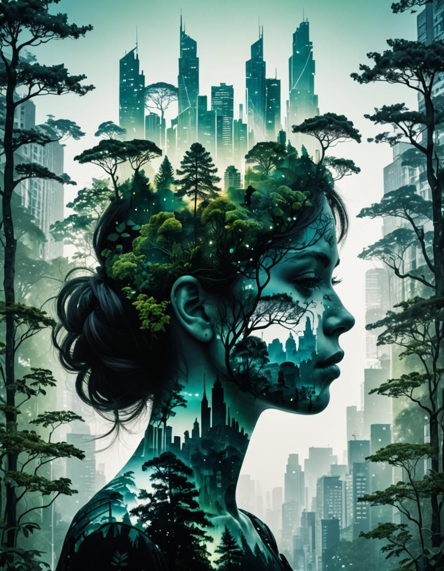 Double Exposure: Forest Meets City Silhouette