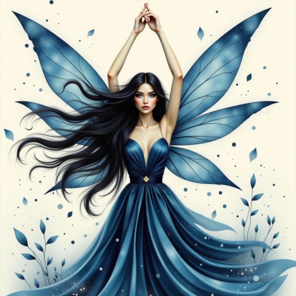 Beautiful Fairy Casting Wind Spell in Watercolor Style
