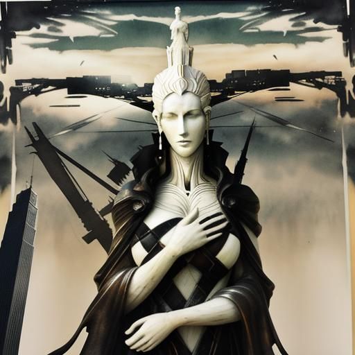 Double Exposure: Statue and Dystopian Cityscape