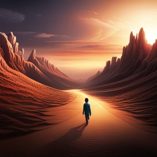 Boy in Desert Surrounded by Wildlife: 3D Art
