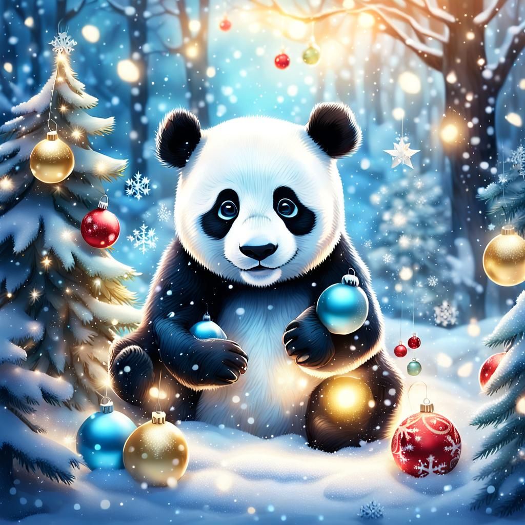Whimsical Christmas Panda Bear in a Snowy Forest