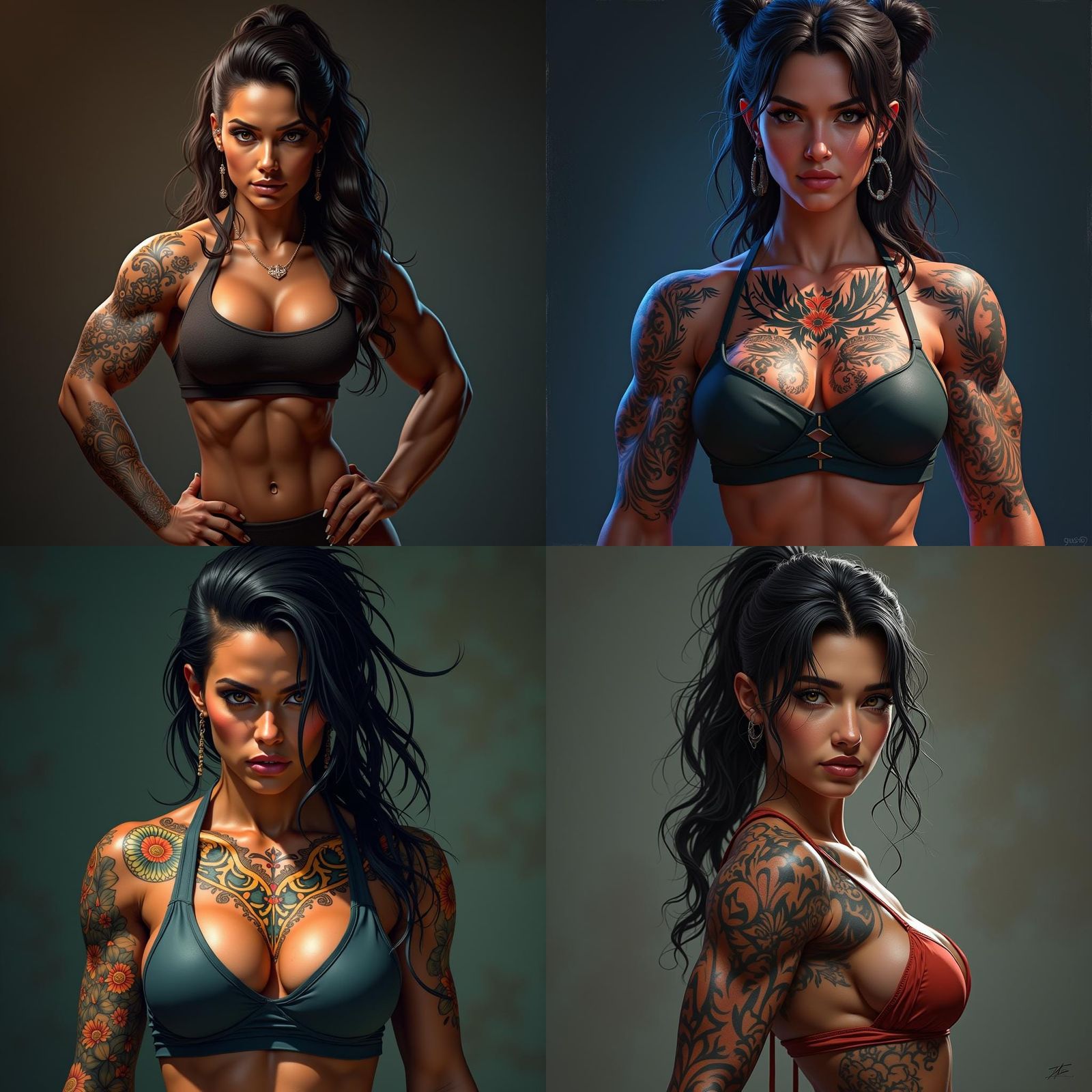 Tattooed Latina Bodybuilder Portrait in Art Nouveau Style
